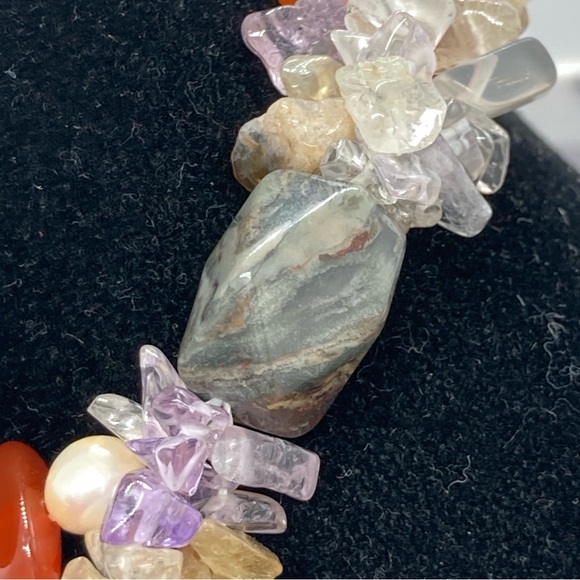 Multistrand Semiprecious Stone Necklace With Freshwater Pearls Toggle Clasp - Picture 8 of 11